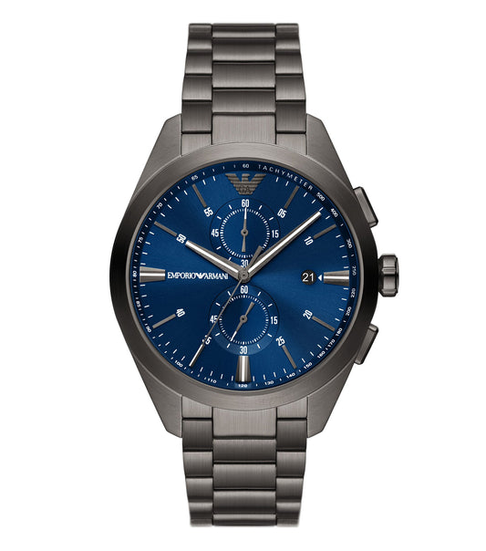 Elegant Emporio Armani grey watch with sleek design, captured at a 43-degree angle, showcasing the sophisticated timepiece features.