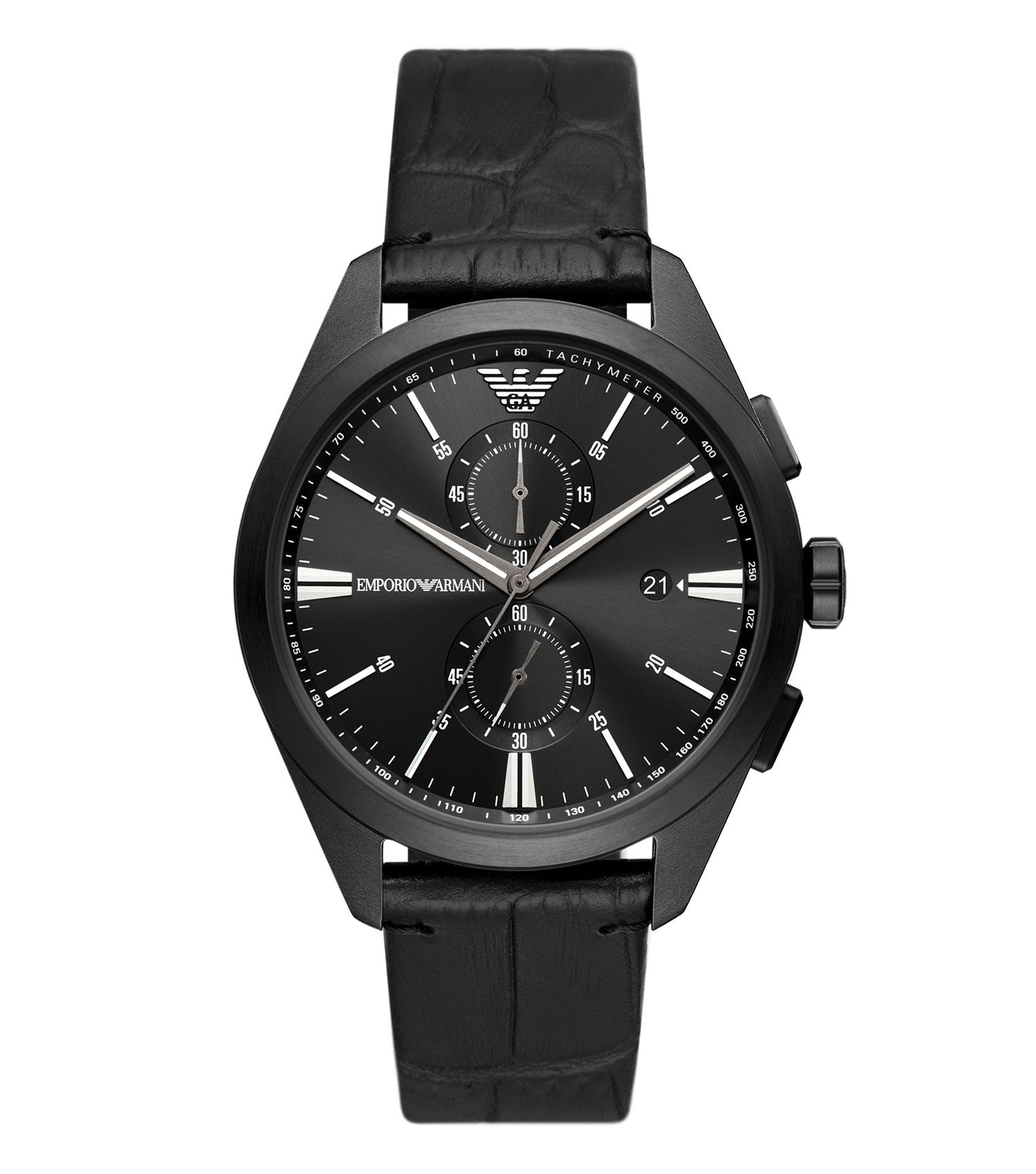 Emporio Armani black watch with sleek design, chronograph dials on a dark face, side angle view, elegant timepiece.