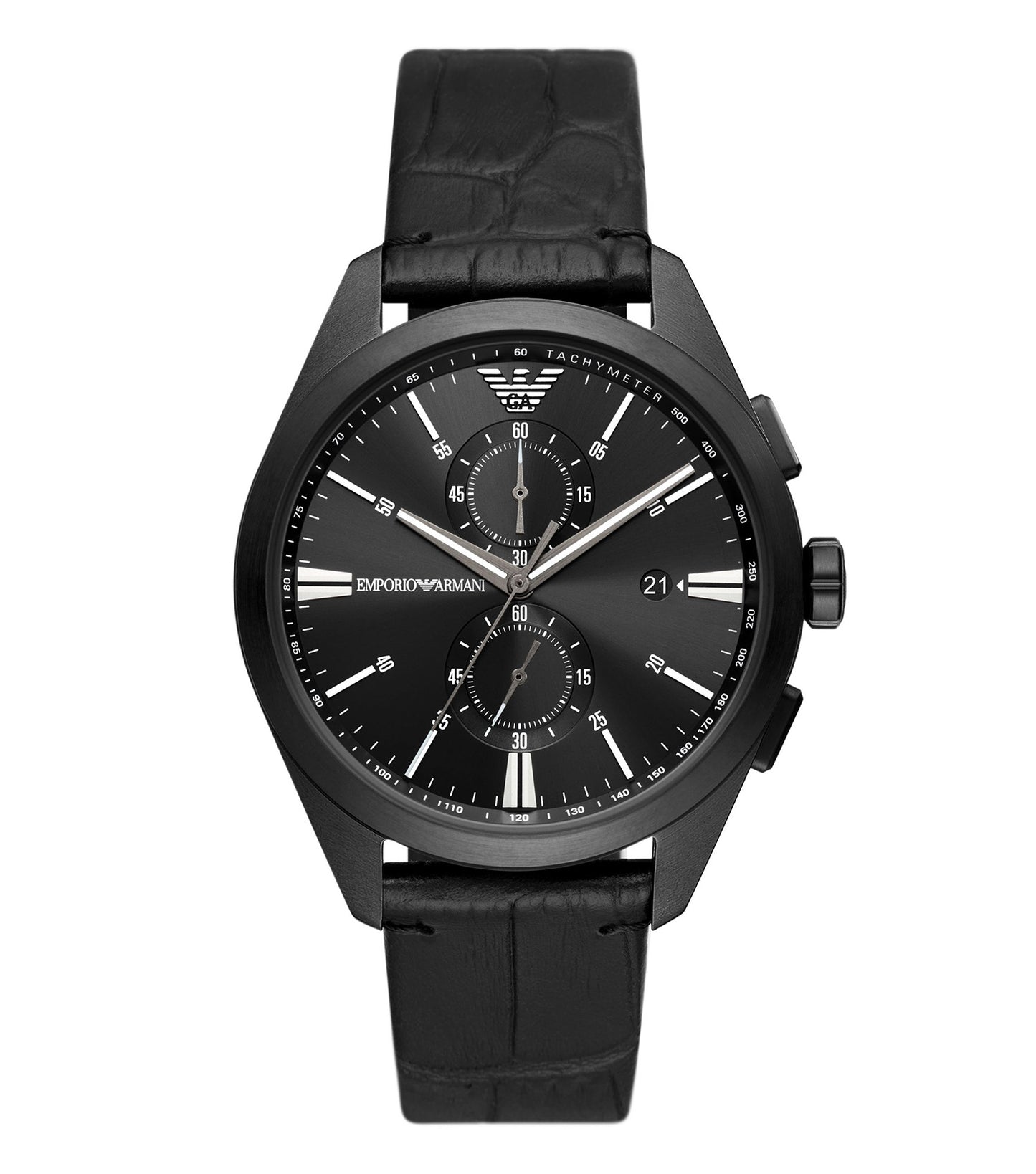 Emporio Armani black watch with sleek design, chronograph dials on a dark face, side angle view, elegant timepiece.