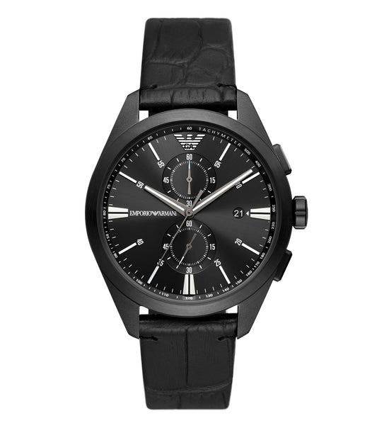 Emporio Armani black watch with sleek design, chronograph dials on a dark face, side angle view, elegant timepiece.