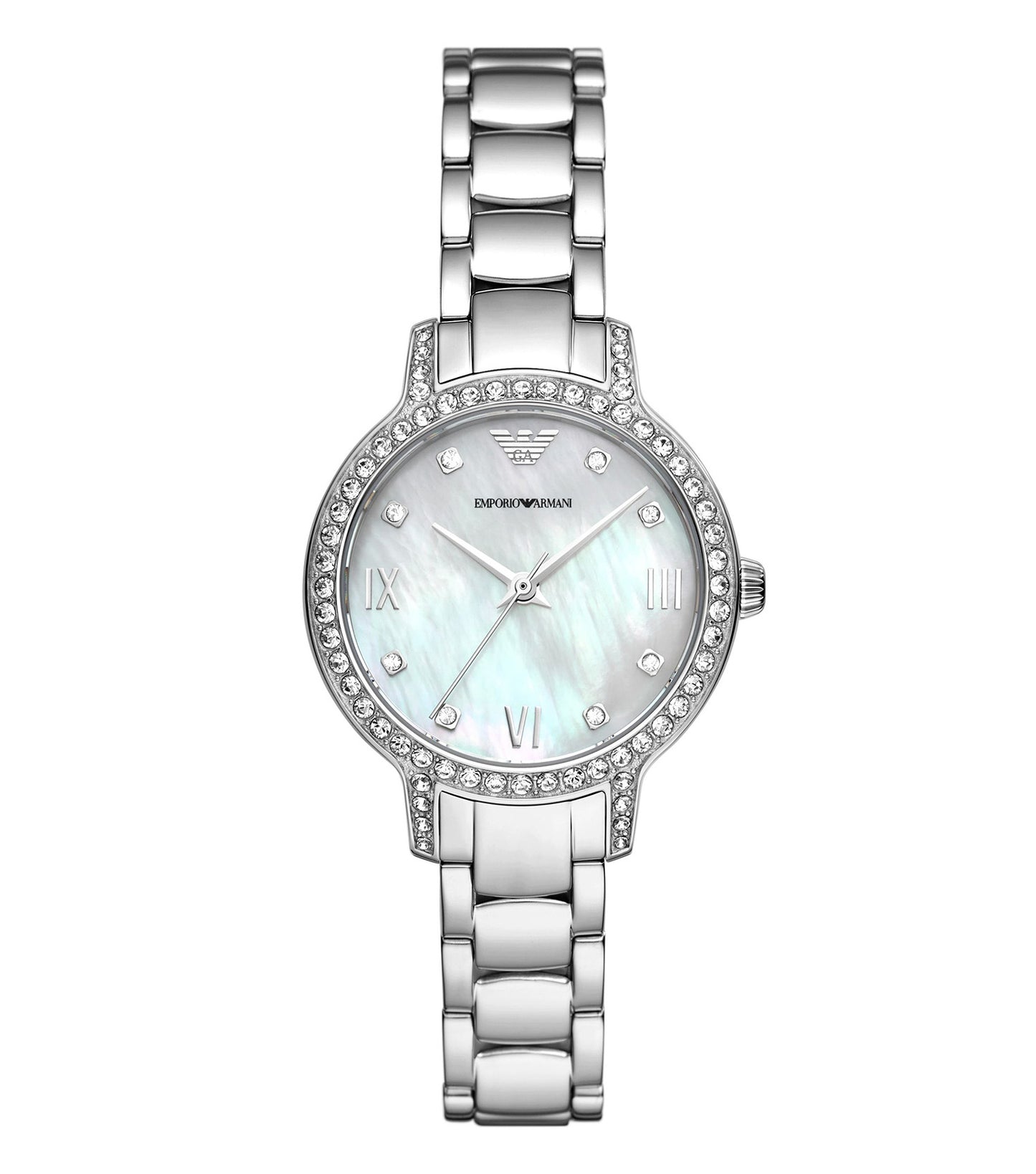Emporio Armani watch in silver color, 3 o'clock angle; showcases sleek bracelet design and minimalist dial with subtle logo.