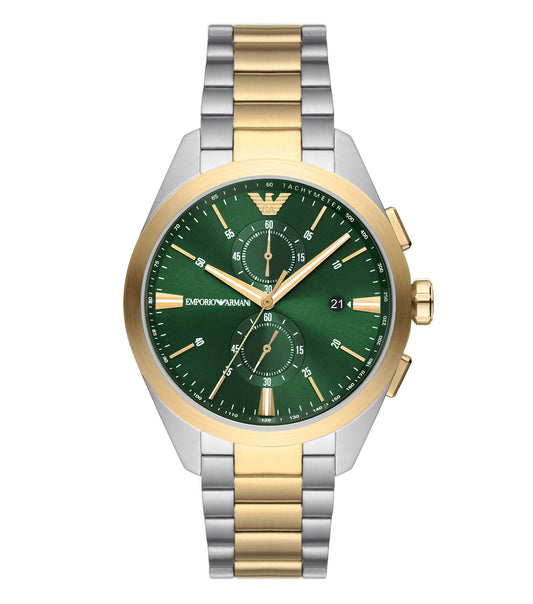 Emporio Armani watch in quartz color, angled to showcase the minimalist dial, elegant leather strap, and sleek silver case design.