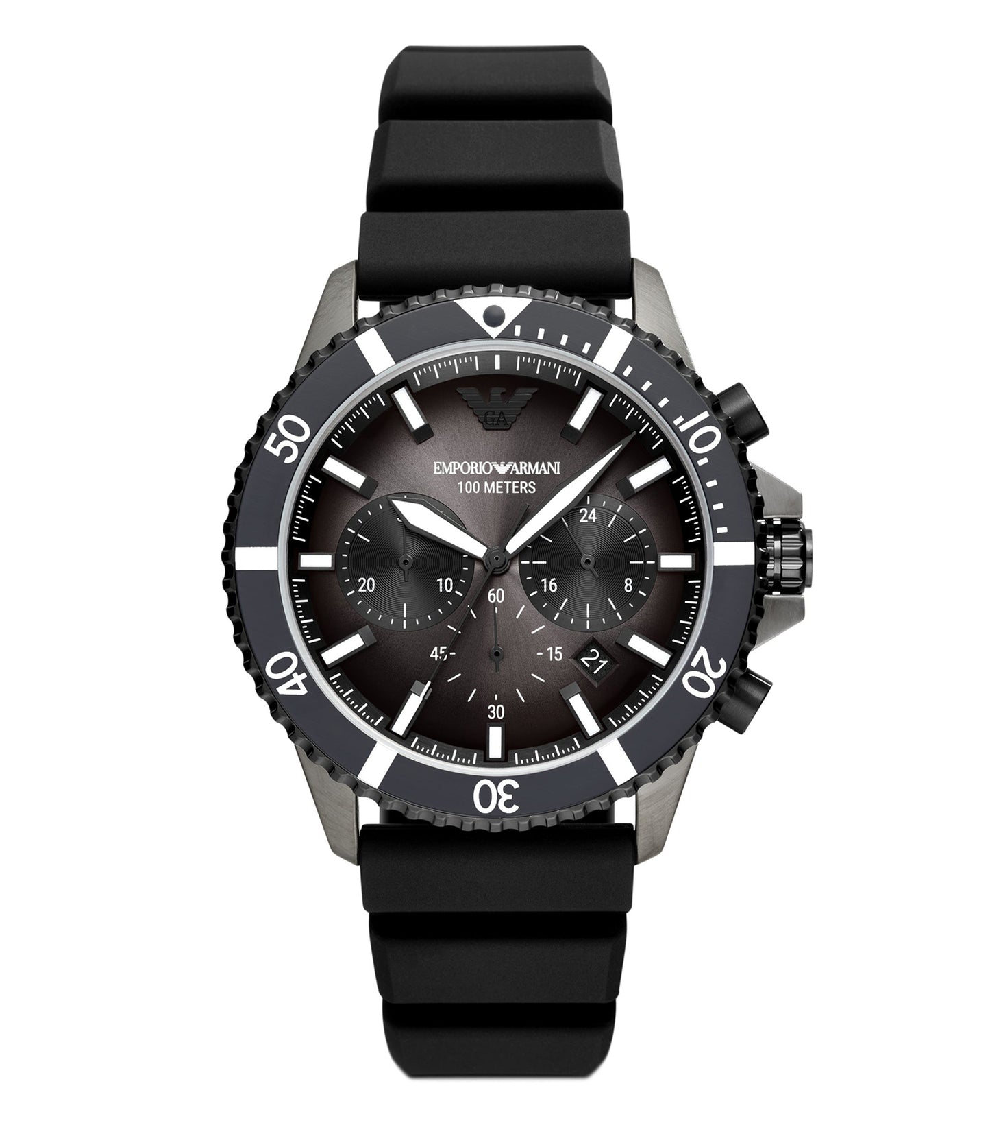 Emporio Armani quartz watch in silver with a sleek, minimalist design, displayed at a 45-degree angle against a muted backdrop.
