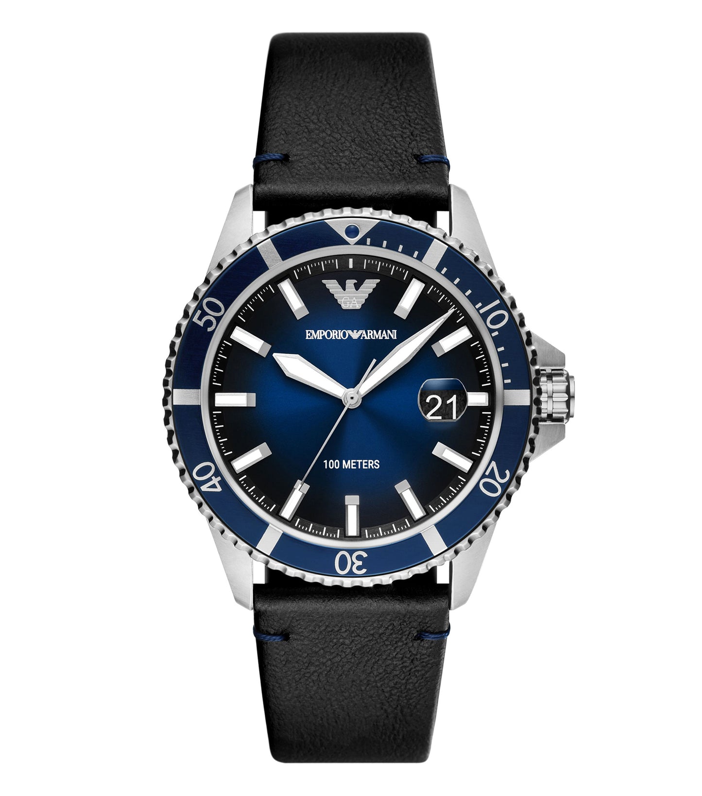 Emporio Armani 42mm watch in rose gold tone on a soft grey leather strap, angled front view showcasing elegant design.