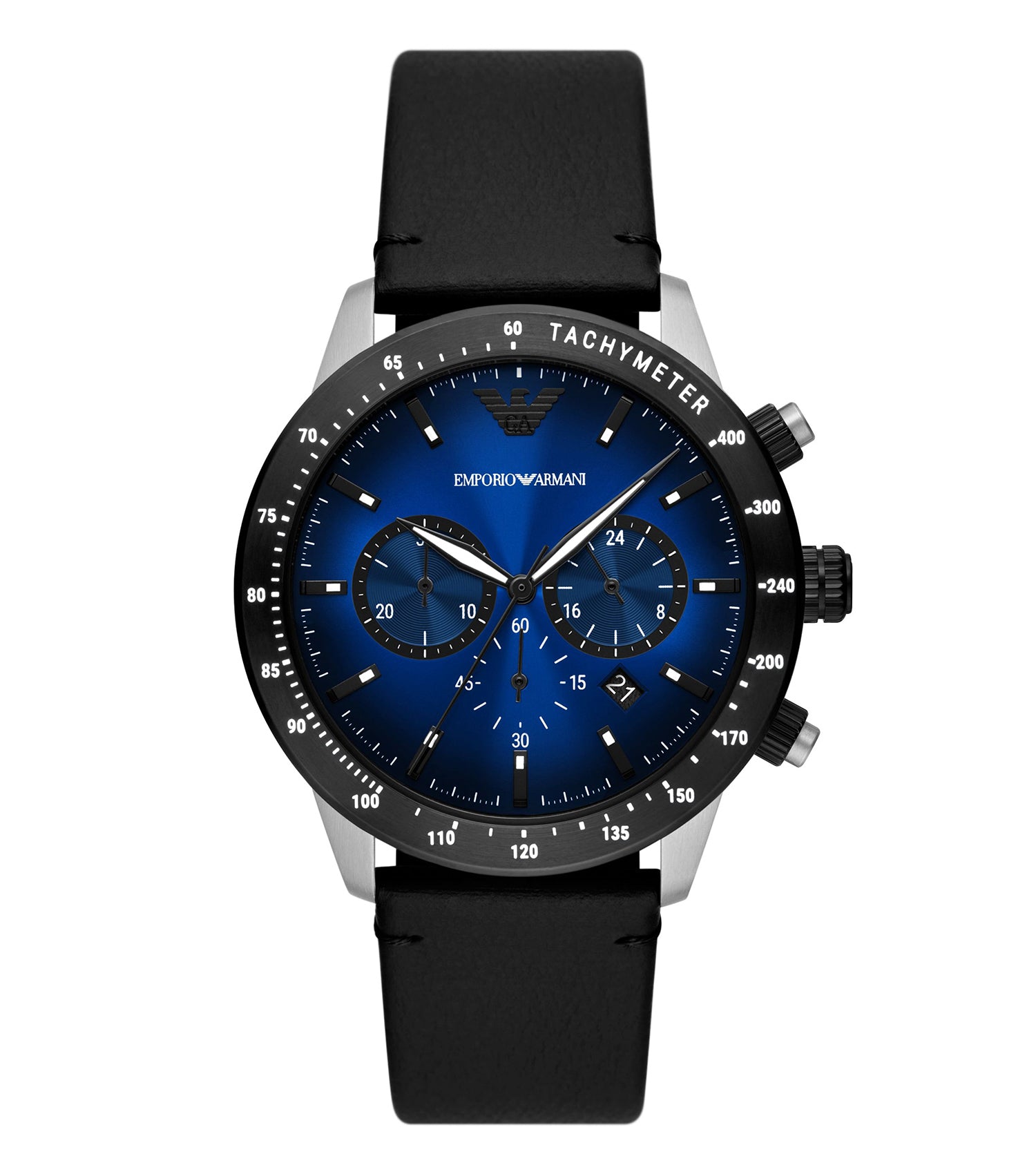 Emporio Armani watch in a sleek black tone, displayed at a 43-degree angle, showing a minimalistic dial and elegant design.