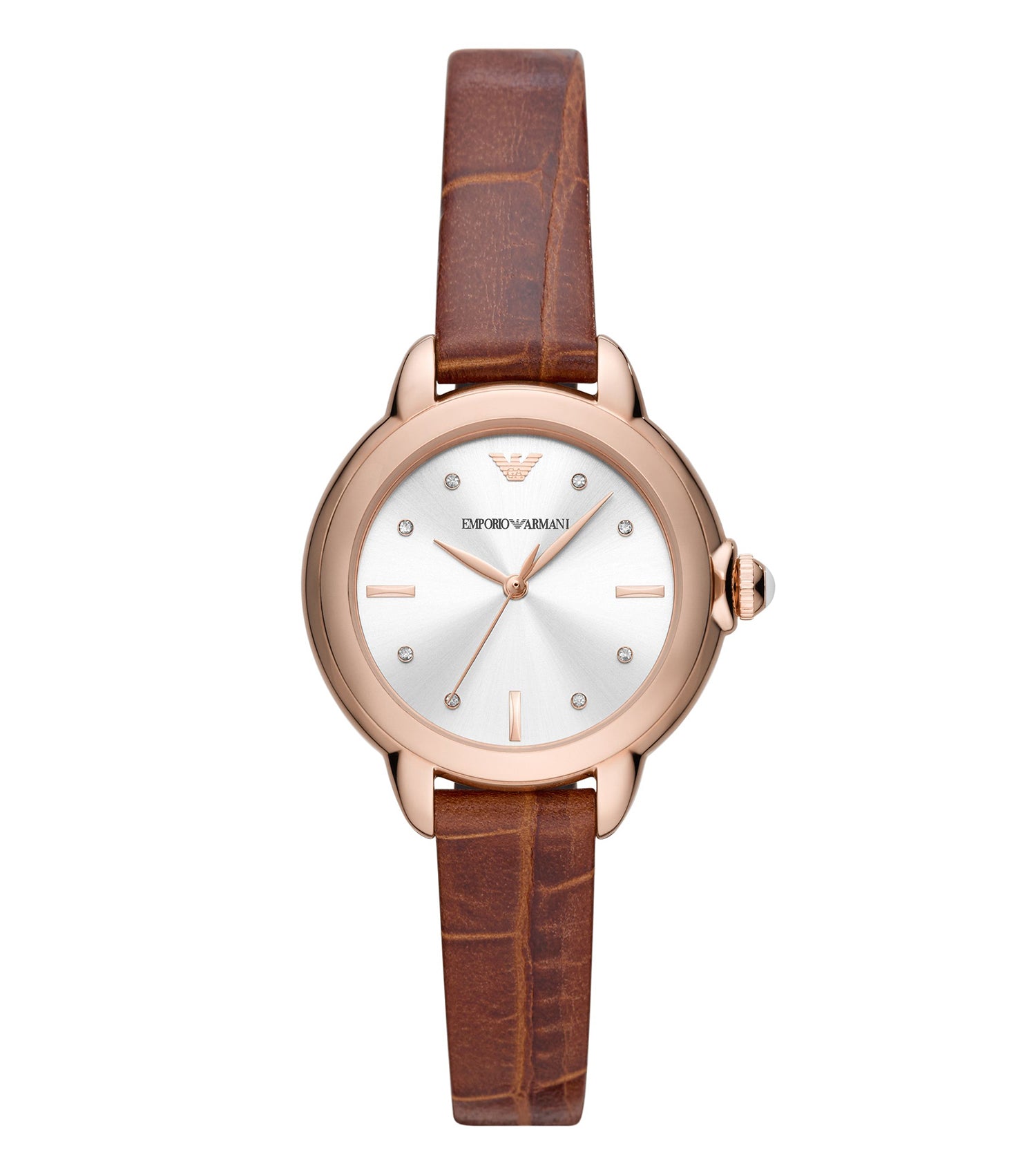 Emporio Armani quartz watch in a silver tone, captured at a slight angle, showcasing its elegant design and detailed face.