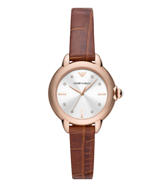 Emporio Armani quartz watch in a silver tone, captured at a slight angle, showcasing its elegant design and detailed face.