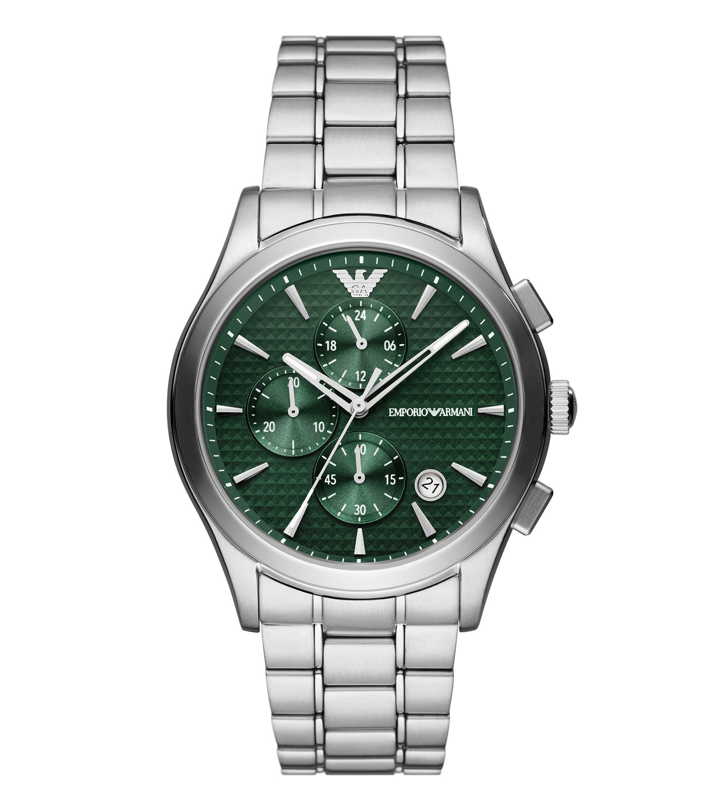 Emporio Armani Quartz watch in sleek black, angled at 42 degrees, showcasing a minimalist design with a stainless steel band.