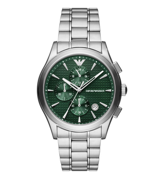 Emporio Armani Quartz watch in sleek black, angled at 42 degrees, showcasing a minimalist design with a stainless steel band.