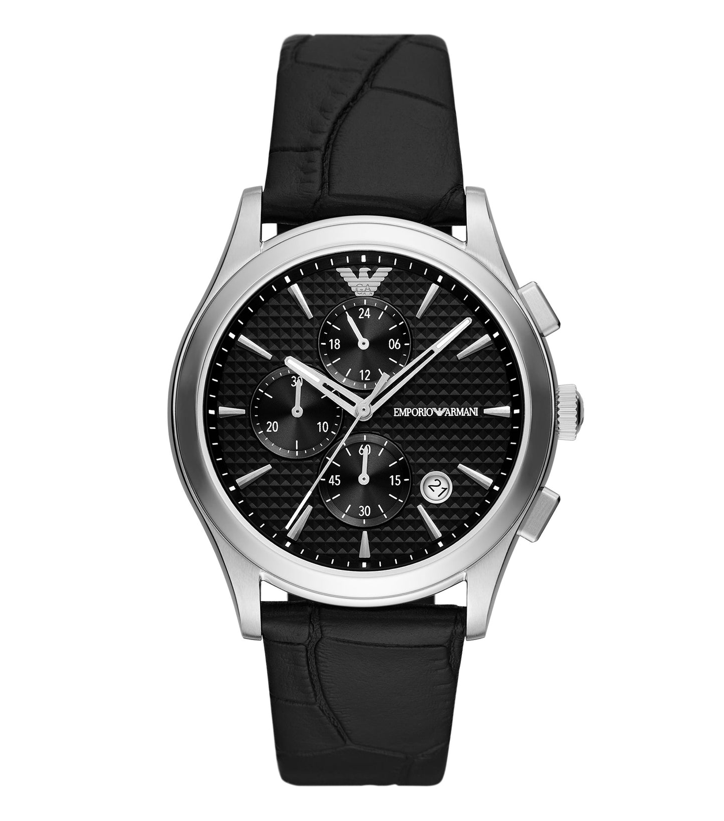 Emporio Armani quartz watch; elegant beige design, stainless-steel case; front angle detailed view showcasing timeless luxury.