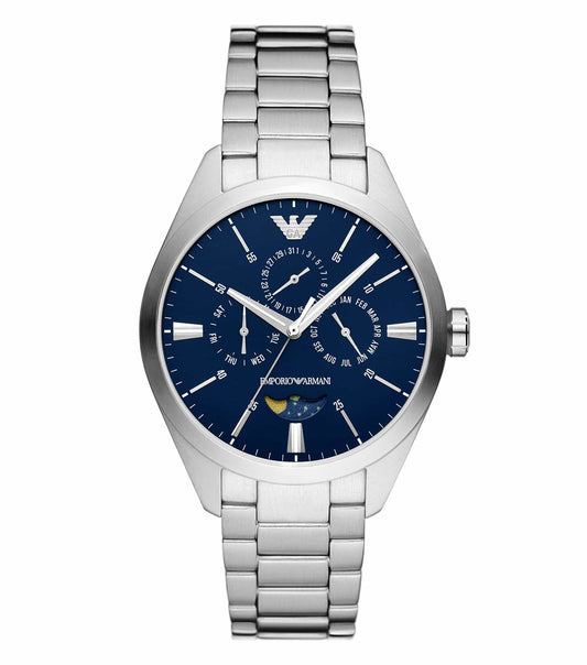 Emporio Armani watch in Quartz, side angle, showcasing sleek gold dial, stainless steel case, and elegant black leather strap.