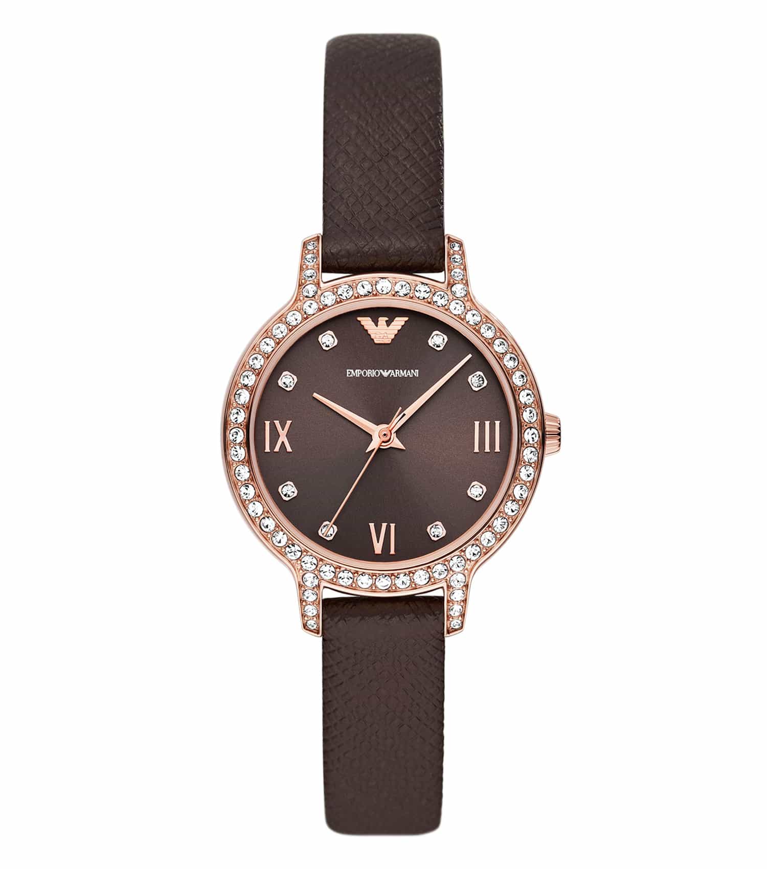 Emporio Armani watch in monochrome tone, angled at 32 degrees, showcasing sleek design, minimalist dial, and premium craftsmanship.
