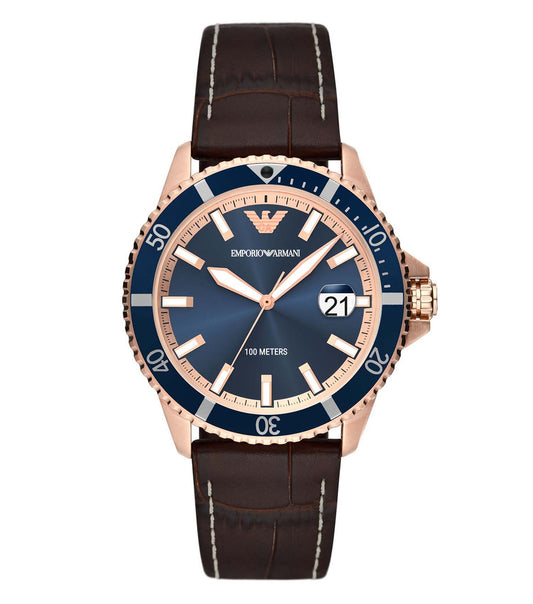 Emporio Armani watch with a sleek black dial and stainless steel bracelet, angled view showcasing left side design details.