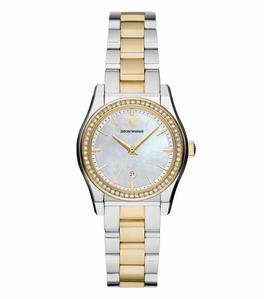 Elegant Emporio Armani watch in a sleek, monochrome design, showcasing a side angle view with white and silver accents.