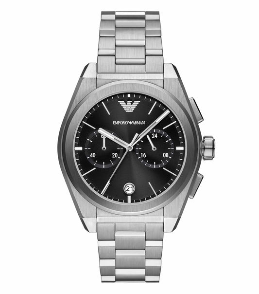 Emporio Armani watch in silver, displayed at a slight angle, showcasing the elegant design and modern face accent, exuding luxury.