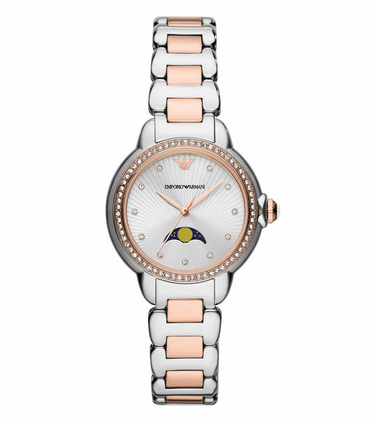 Emporio Armani watch in quartz color, angled view highlights sleek minimalist design, stainless steel bracelet, elegant craftsmanship.