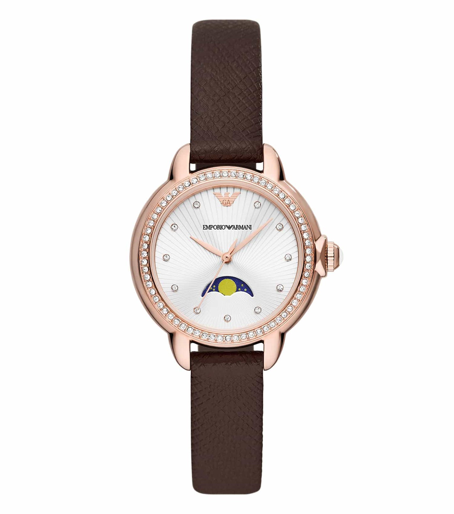 Emporio Armani watch, single-tone, elegant dial with minimalist markers, angled face view, modern timepiece design.