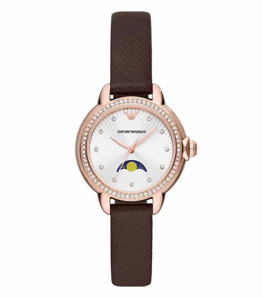 Emporio Armani watch, single-tone, elegant dial with minimalist markers, angled face view, modern timepiece design.
