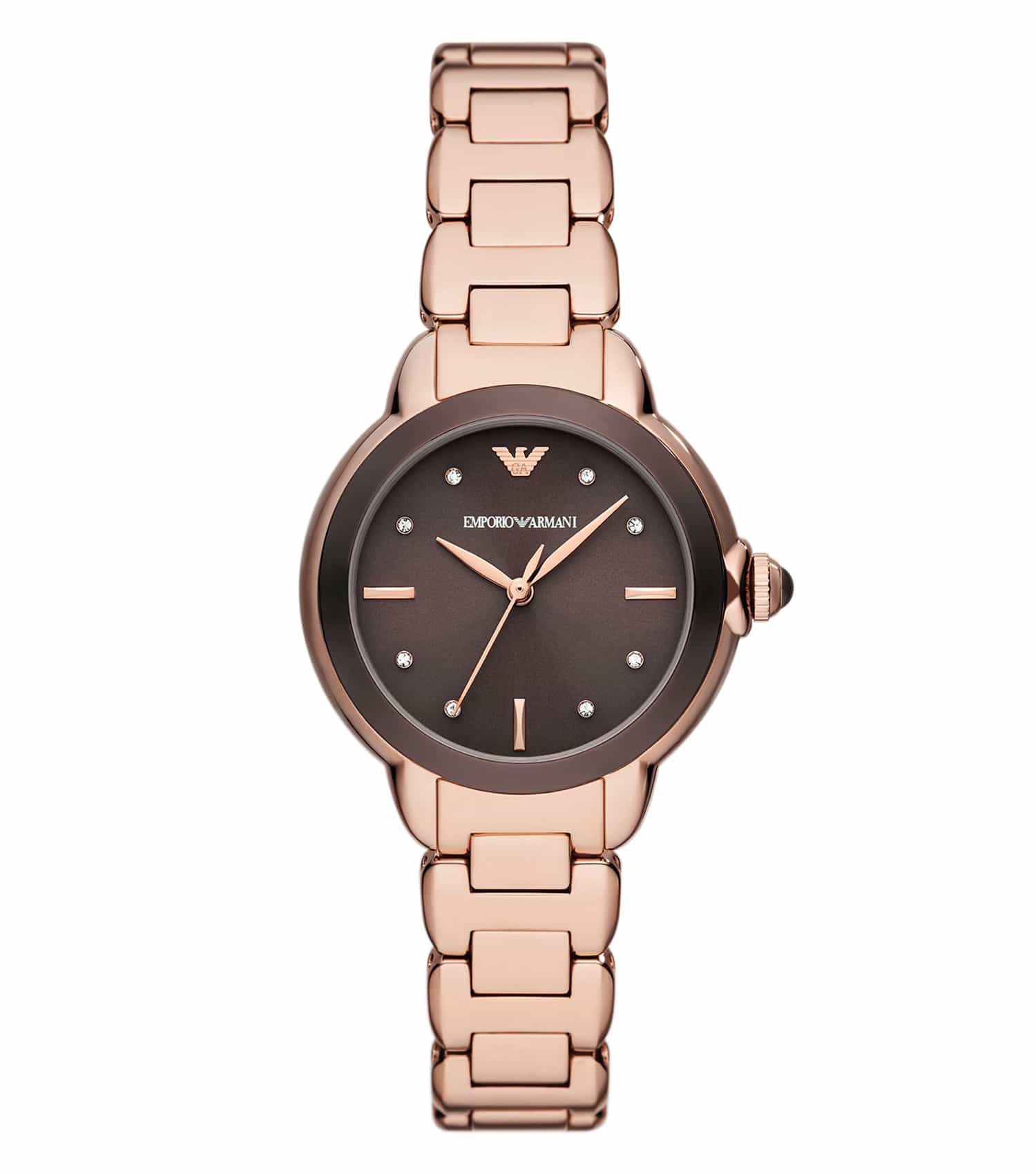 Elegant Emporio Armani watch with a sleek black design, side angle view showcases intricate details and stylish premium craftsmanship.
