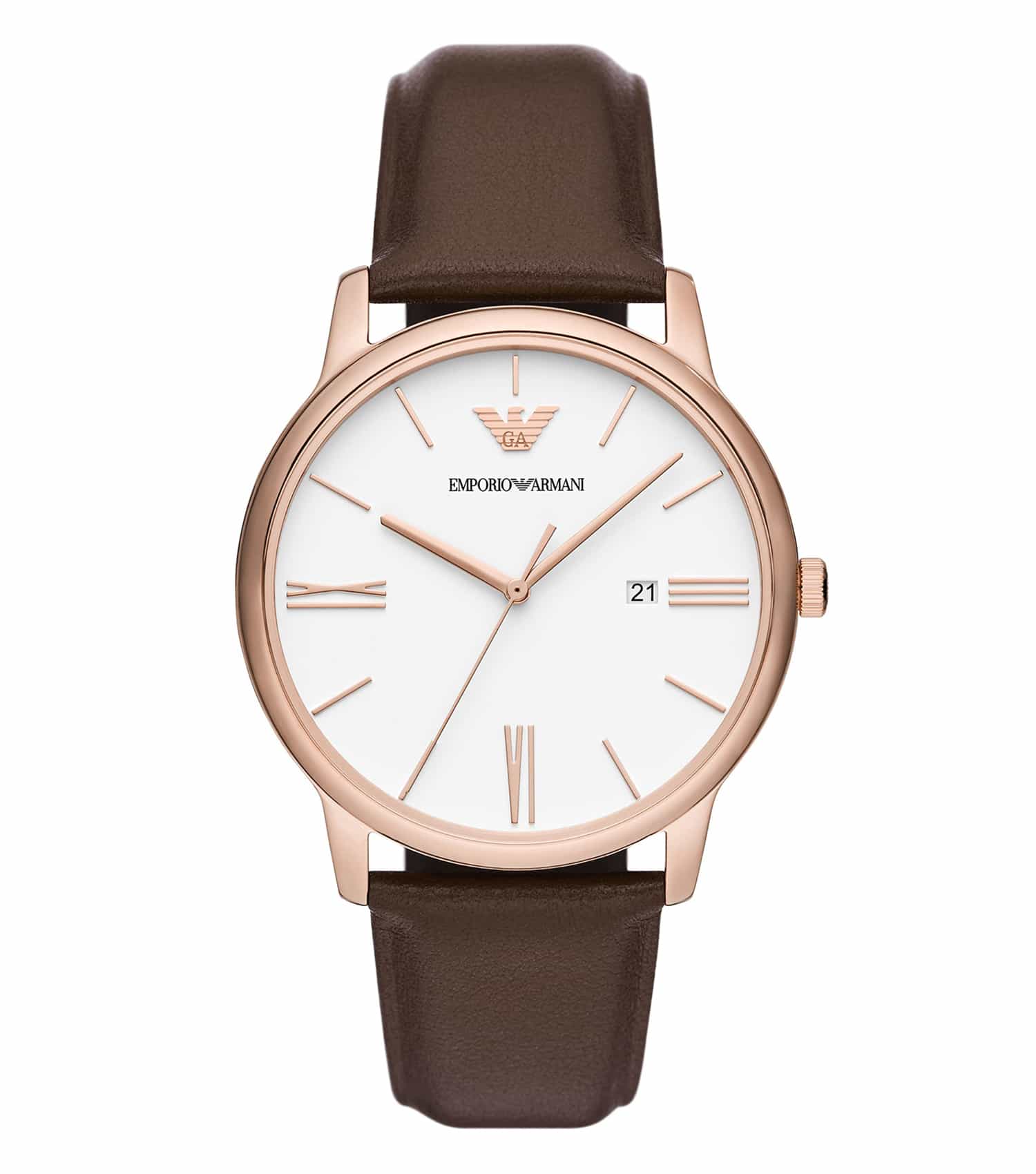Elegant Emporio Armani watch in striking gold tone, angled view highlighting the face and classic design, perfect for enthusiasts.