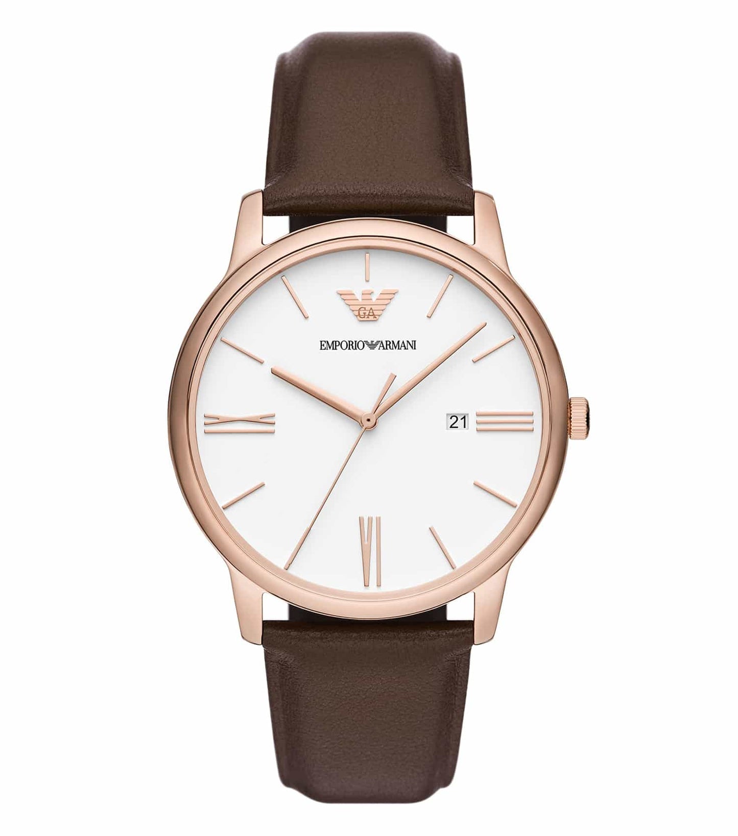 Elegant Emporio Armani watch in striking gold tone, angled view highlighting the face and classic design, perfect for enthusiasts.