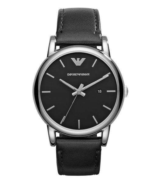 Emporio Armani luxury watch in Luigi color, featuring a round face and stainless-steel case, angled slightly from above.