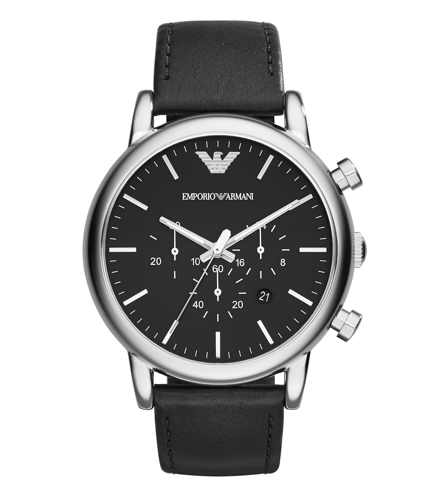 Emporio Armani Luigi watch in turquoise color with a classic chronograph detail, front-facing angle, reflecting elegance and style.