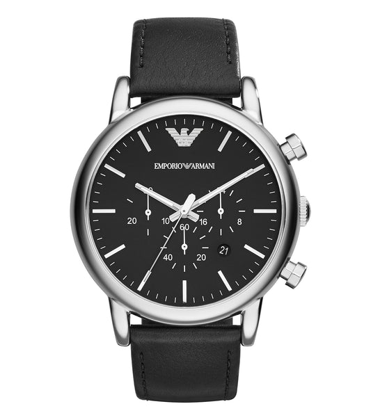 Emporio Armani Luigi watch in turquoise color with a classic chronograph detail, front-facing angle, reflecting elegance and style.