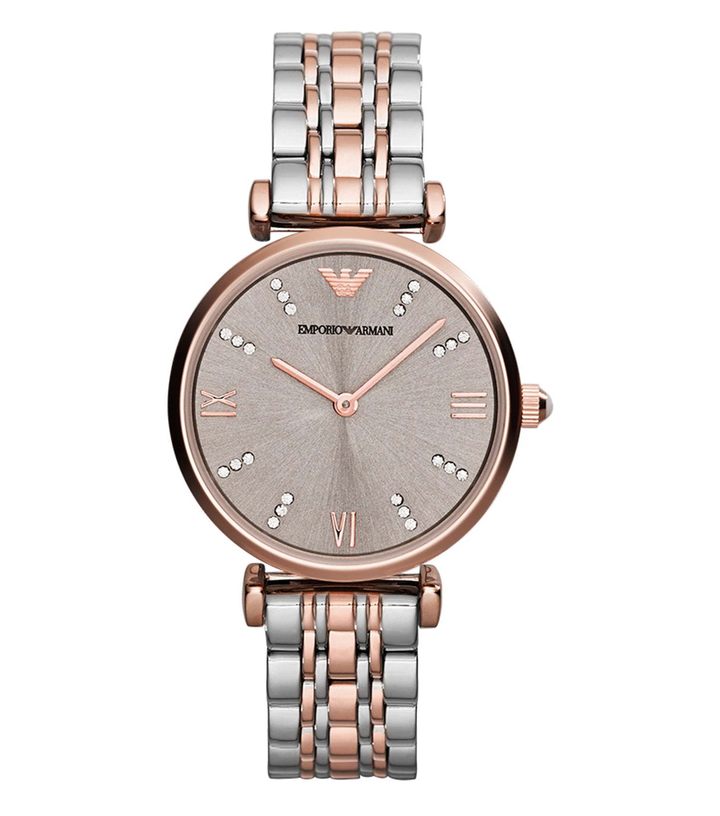 Emporio Armani silver watch, featuring round face with sleek design, angled slightly to show the elegant band and iconic logo.