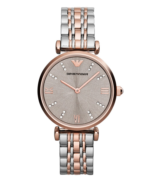 Emporio Armani silver watch, featuring round face with sleek design, angled slightly to show the elegant band and iconic logo.