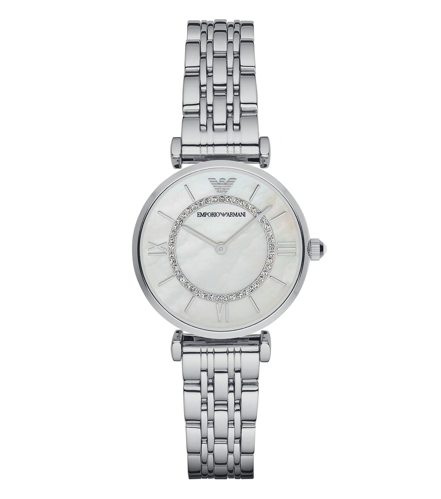 Sophisticated black Emporio Armani watch, showcasing a sleek round dial & stainless steel link bracelet at a front-facing angle.