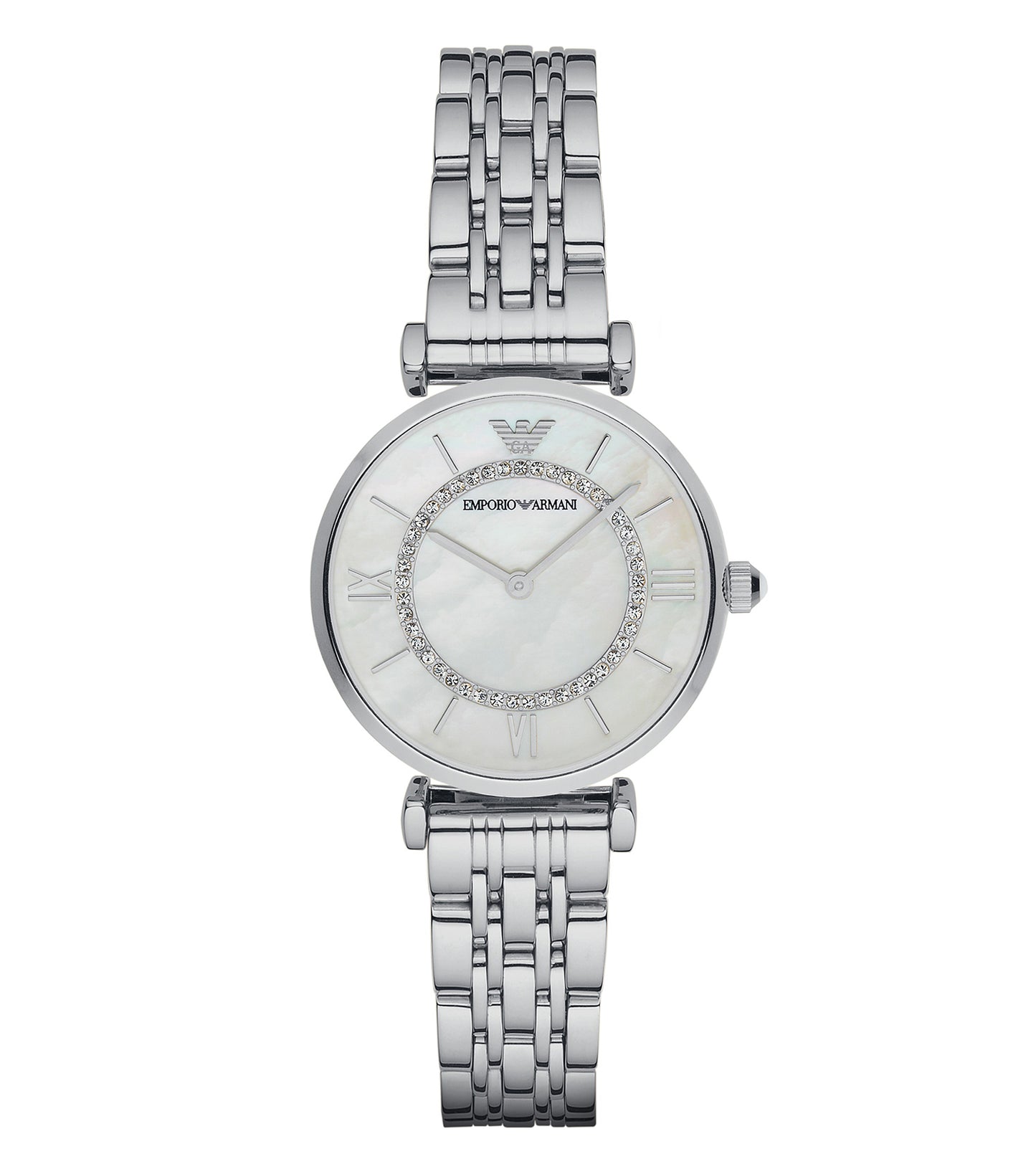Sophisticated black Emporio Armani watch, showcasing a sleek round dial & stainless steel link bracelet at a front-facing angle.