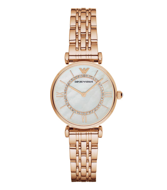 Emporio Armani gold watch at 32-degree angle, showcasing elegant design with sleek dial and intricate detailing.