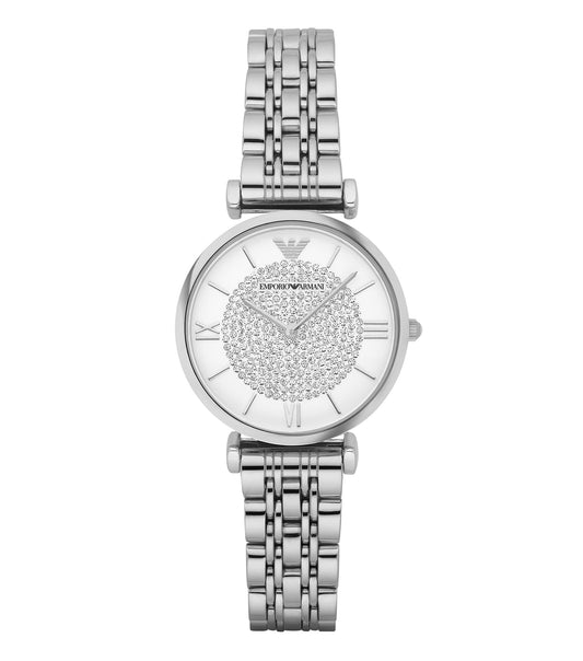 Emporio Armani watch in a classic silver hue, featuring a striking round face and chronograph detail, angled from the front.