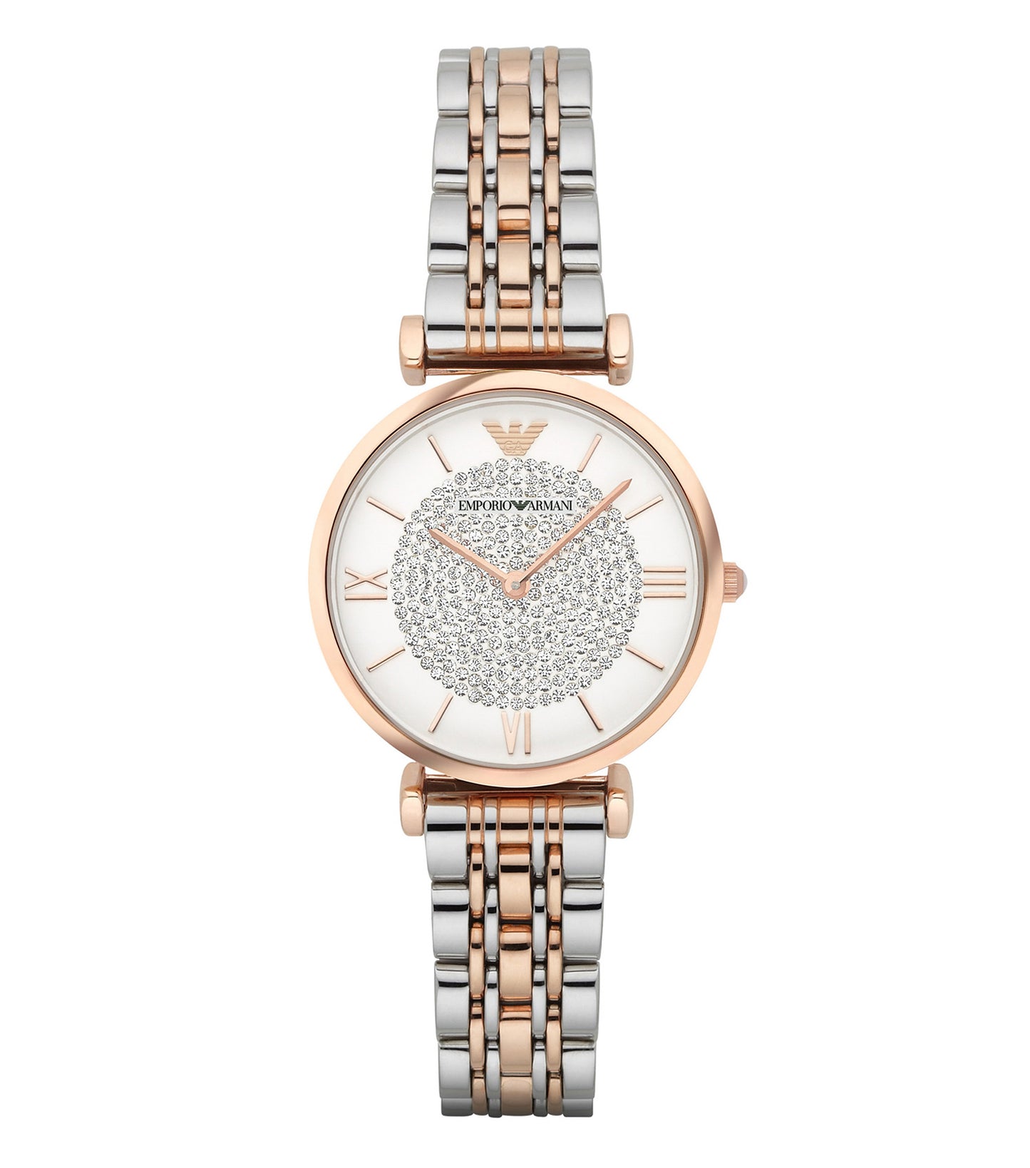Emporio Armani elegant silver watch with minimalist design, round dial, and stainless steel strap; side angle view with focus on craftsmanship.
