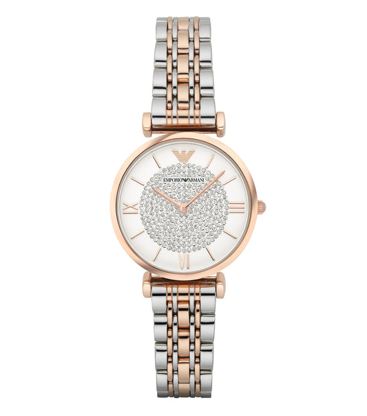Emporio Armani elegant silver watch with minimalist design, round dial, and stainless steel strap; side angle view with focus on craftsmanship.