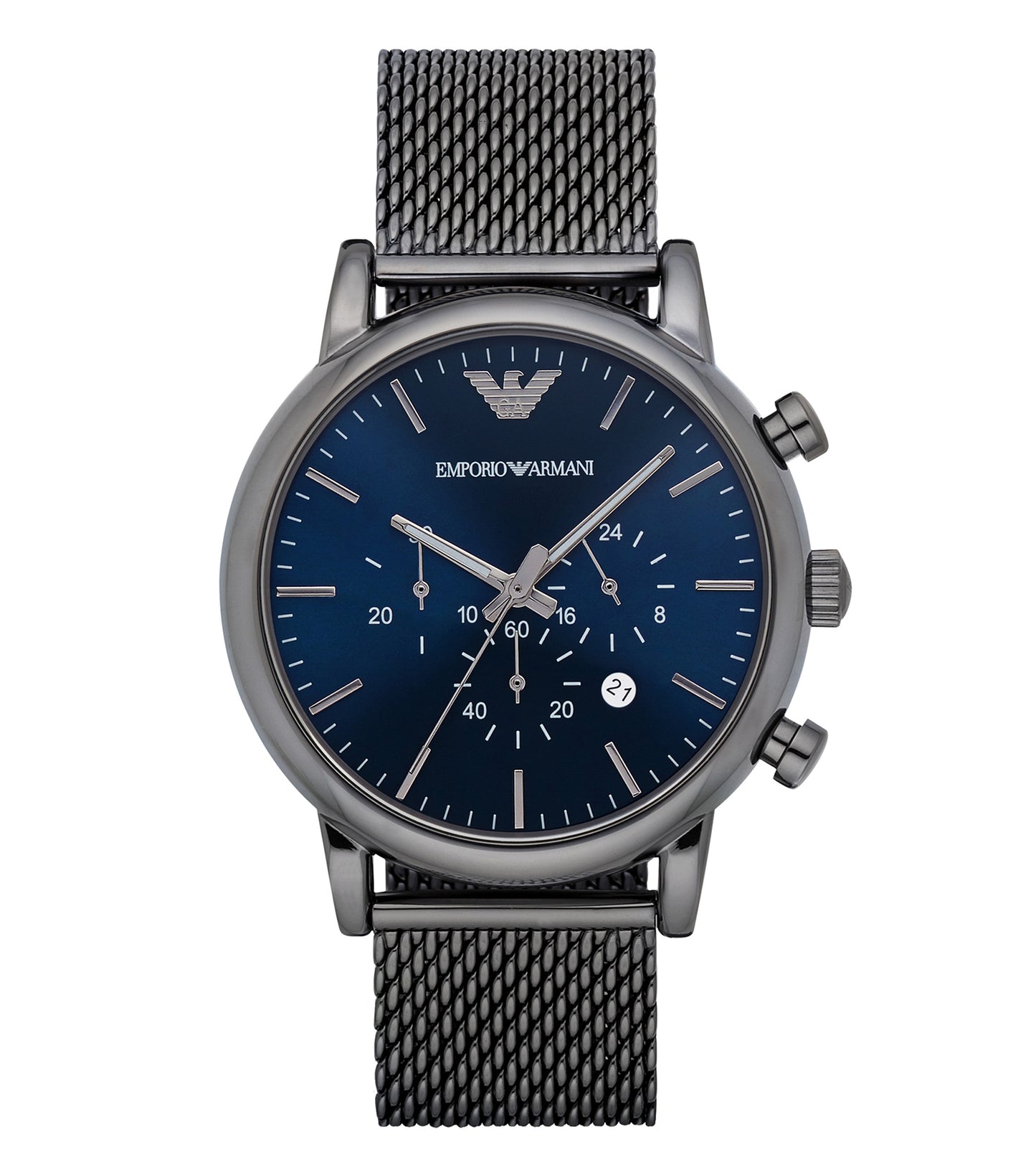 Emporio Armani men's Luigi quartz watch with sleek gold-tone stainless steel, captured in a classic front angle view.