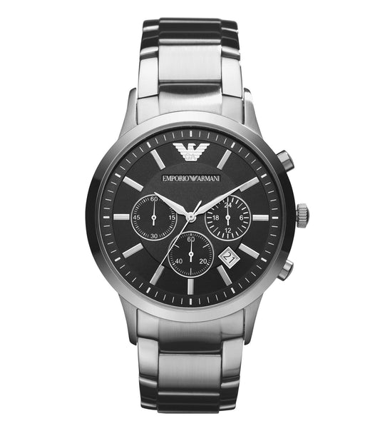 Emporio Armani watch in silver with elegant chronograph dial and black leather strap, showcased from a top-down angle.
