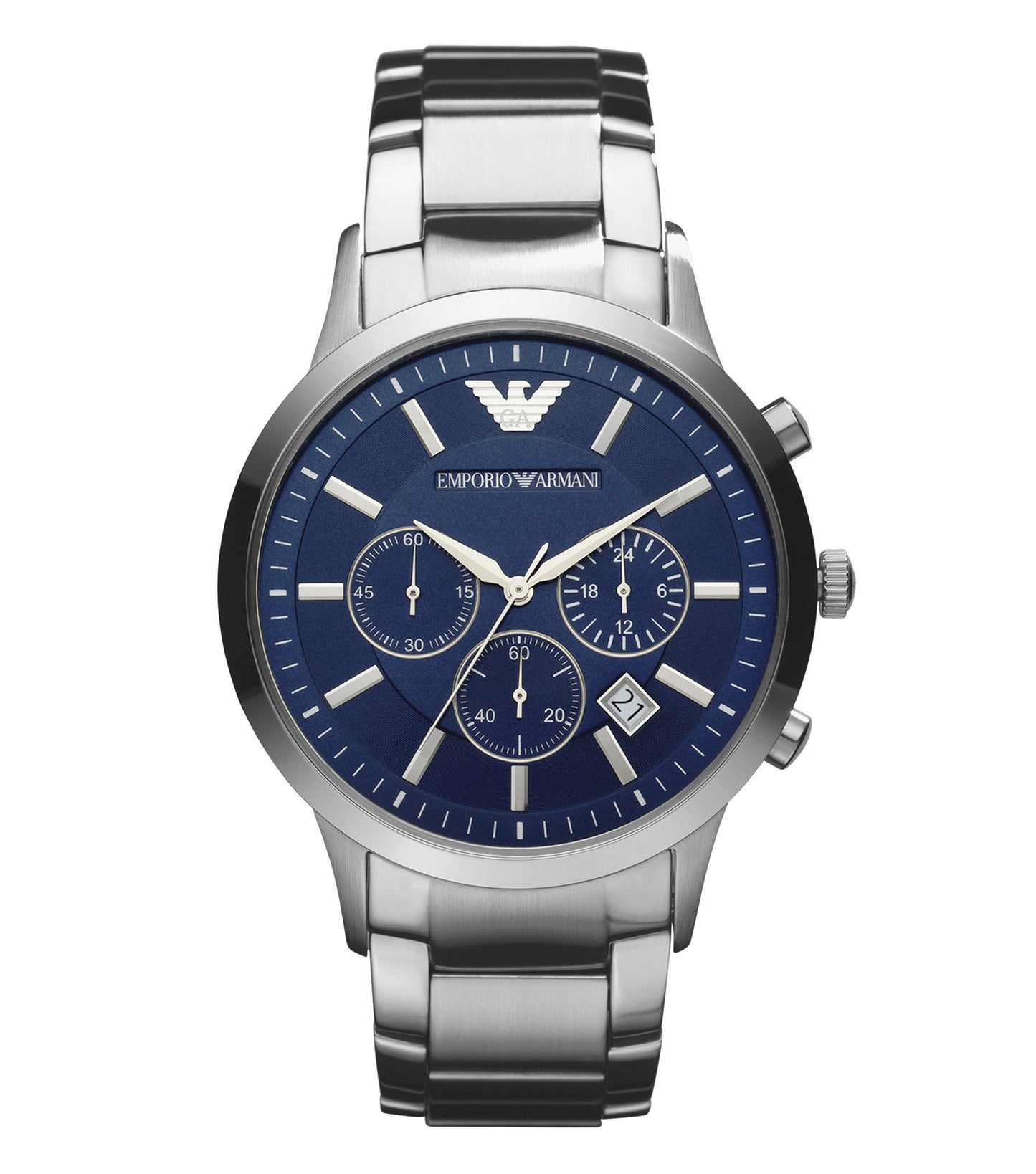 Emporio Armani Renato watch in a striking navy blue, displayed at a 43-degree angle; features sleek silver indices and a date window.