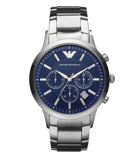 Emporio Armani Renato watch in a striking navy blue, displayed at a 43-degree angle; features sleek silver indices and a date window.