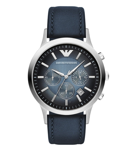 Emporio Armani watch in classic black with silver accents, side angle view showcasing elegant design and leather strap.