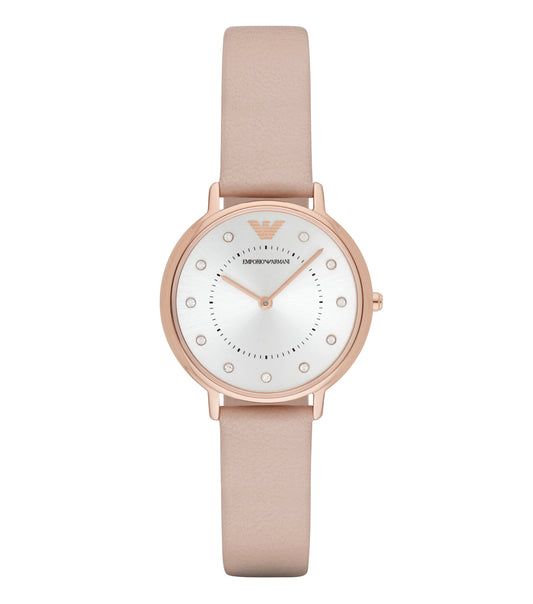 Emporio Armani men's watch, minimal design in a single hue, close-up angle showcasing elegant dial and sleek strap.