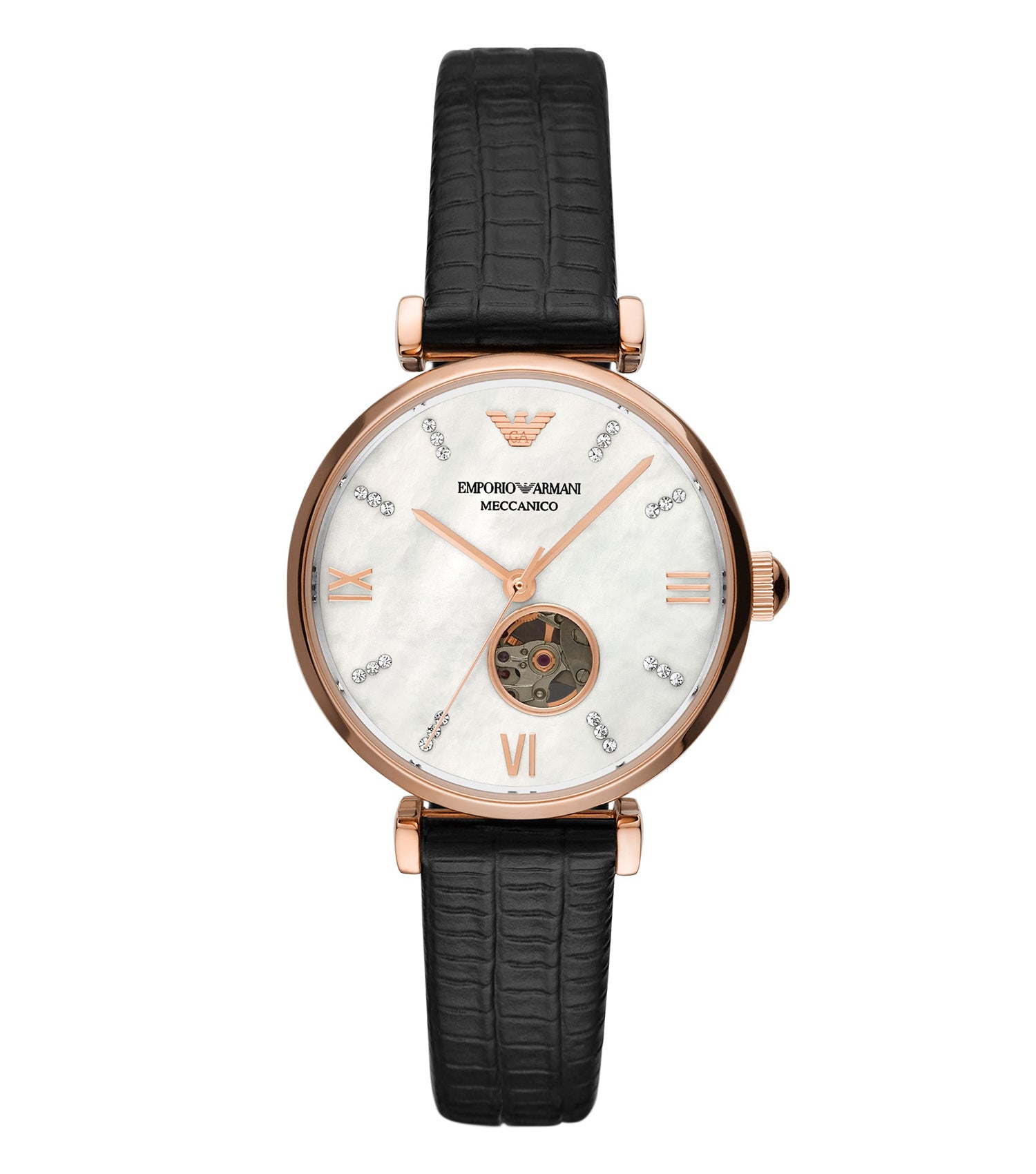 Emporio Armani watch AR60047 with a sleek black design, showcased from a 3/4 angle, featuring a captivating blue dial.
