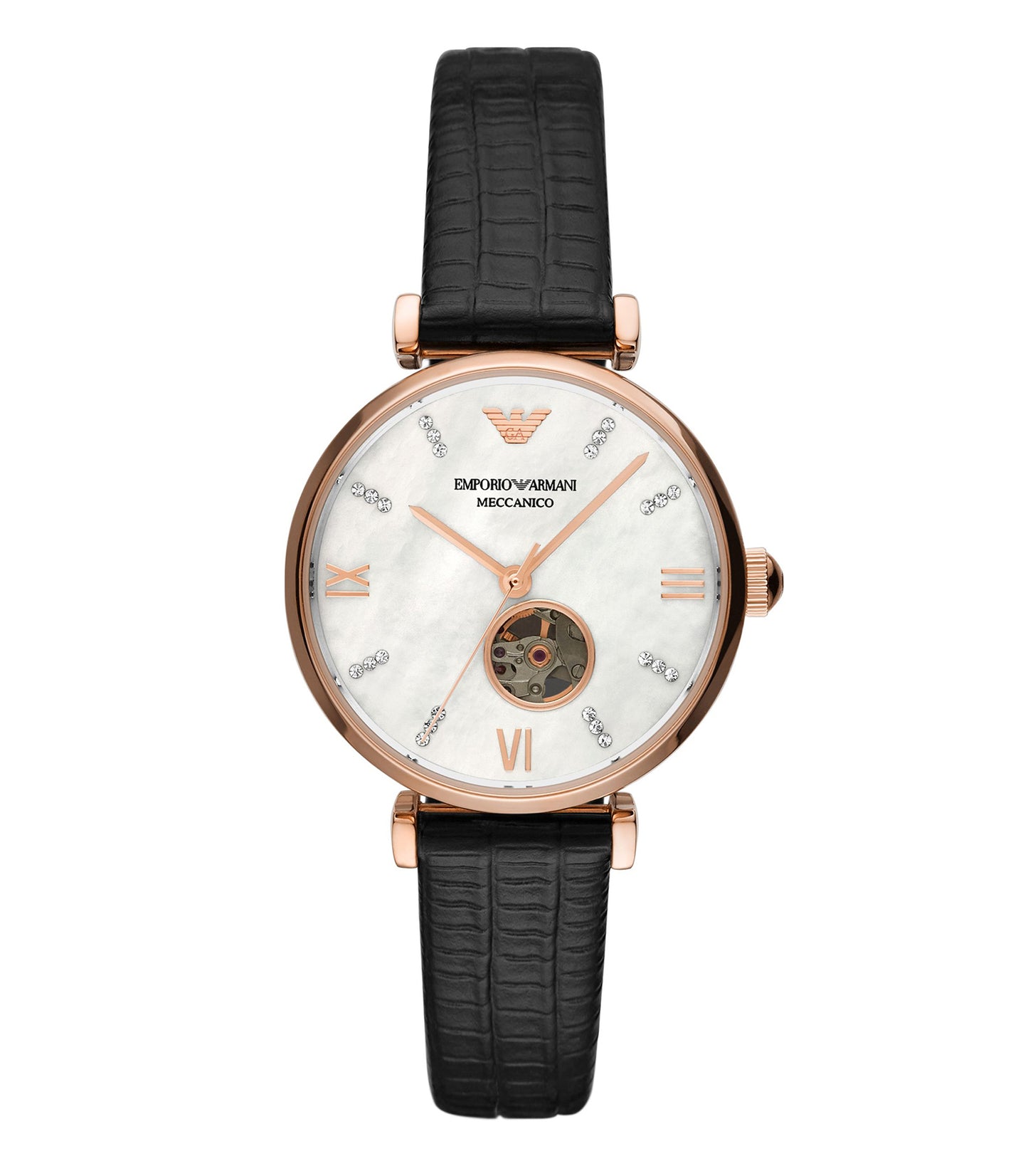 Emporio Armani watch AR60047 with a sleek black design, showcased from a 3/4 angle, featuring a captivating blue dial.