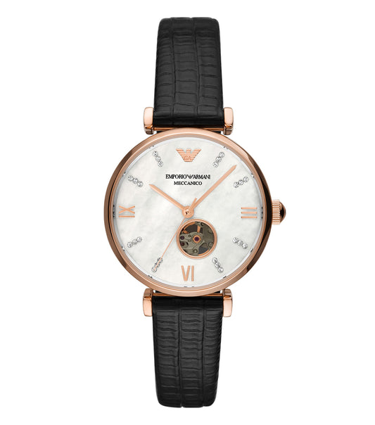 Emporio Armani watch AR60047 with a sleek black design, showcased from a 3/4 angle, featuring a captivating blue dial.