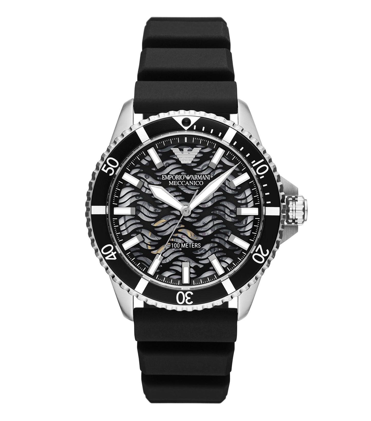 Emporio Armani watch in a sleek black color, showcasing a sophisticated round dial and stainless steel bracelet at a front angle.