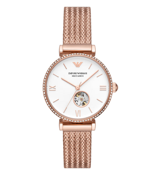 Emporio Armani watch in classic color, side view showcasing elegant black dial, sleek metal strap, and sophisticated design.