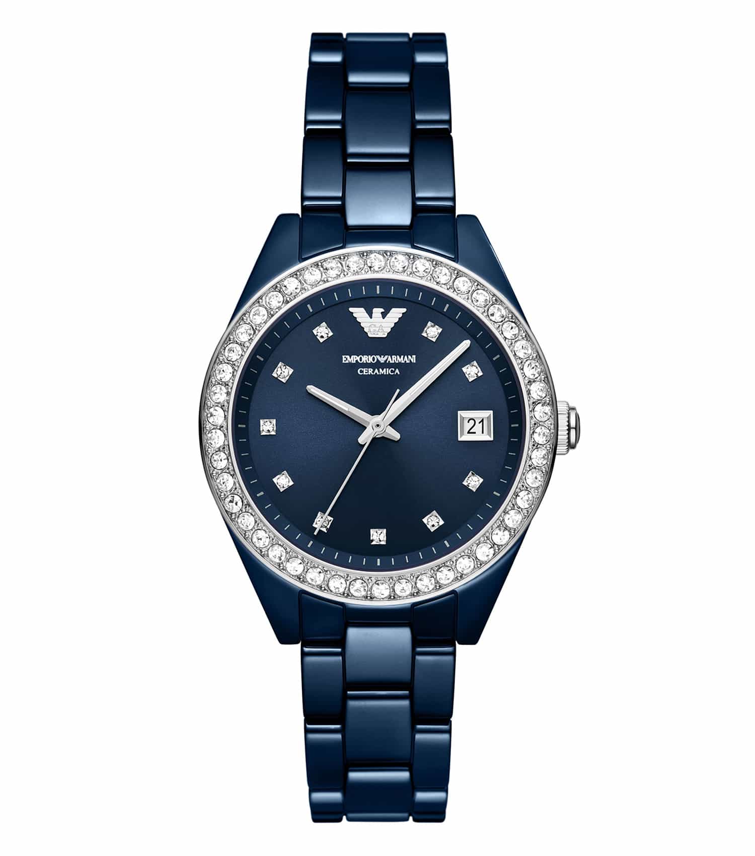 Emporio Armani Leo watch in a sleek gold tone at a slight side angle, showcasing the classy round dial and minimalist design.