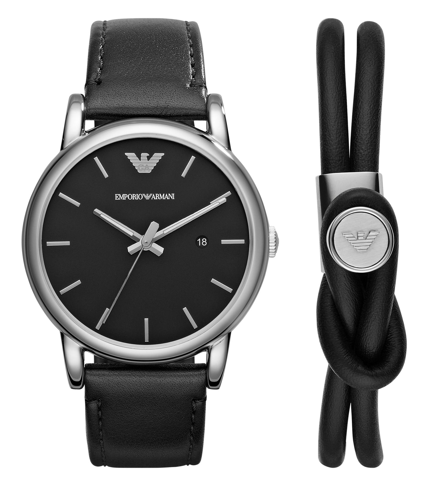 Emporio Armani watch in Luigi color, angled view showcasing elegant black and silver design with a sleek metal band.