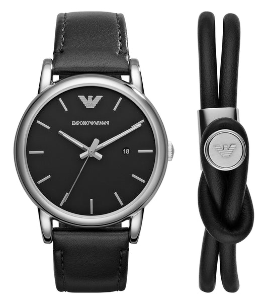 Emporio Armani watch in Luigi color, angled view showcasing elegant black and silver design with a sleek metal band.